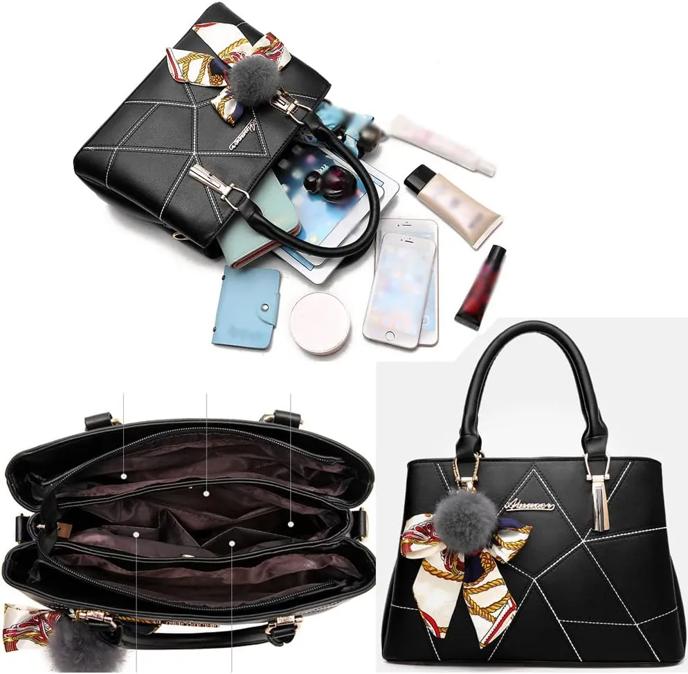 Women Top Handle Handbags Purse Faux Leather Satchel Shoulder Bags Crossbody Bag Medium Tote Bag with Silk Scarf