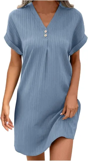 Women's 2025 Summer V Neck Dress Solid Button Down Pullover Short Sleeve Shirts Sundress Beach Travel Vacation Outfits