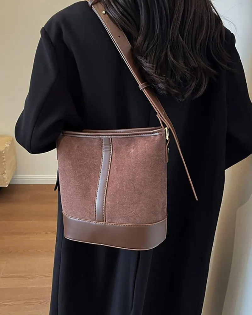 Women's Bucket Tote Bags Large Top Handle Satchel Handbags PU Leather Splicing Suede Shoulder Crossbody Purses