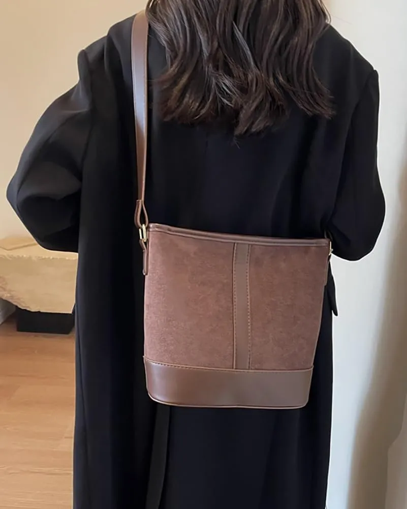 Women's Bucket Tote Bags Large Top Handle Satchel Handbags PU Leather Splicing Suede Shoulder Crossbody Purses