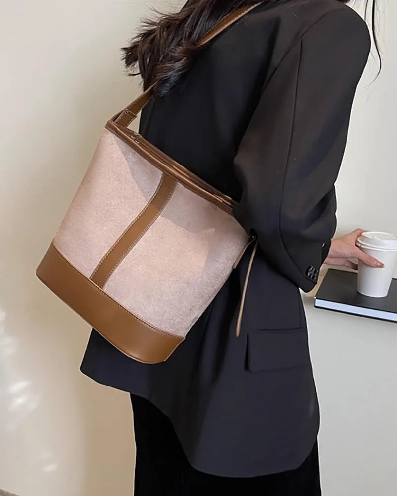 Women's Bucket Tote Bags Large Top Handle Satchel Handbags PU Leather Splicing Suede Shoulder Crossbody Purses