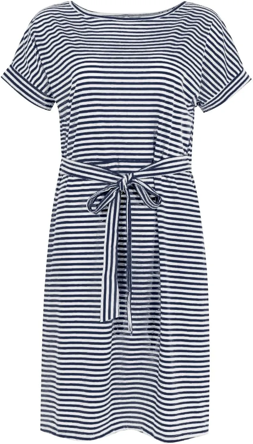 Women's Casual Dresses Summer Striped T Shirt Mini Dresses Short Sleeve Crewneck Dress Tie Waist Dress with Pockets