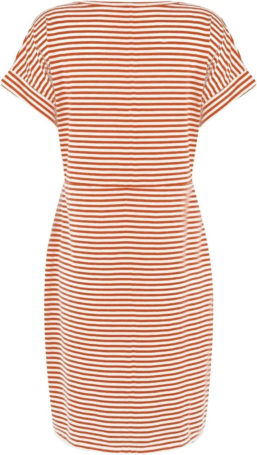 Women's Casual Dresses Summer Striped T Shirt Mini Dresses Short Sleeve Crewneck Dress Tie Waist Dress with Pockets