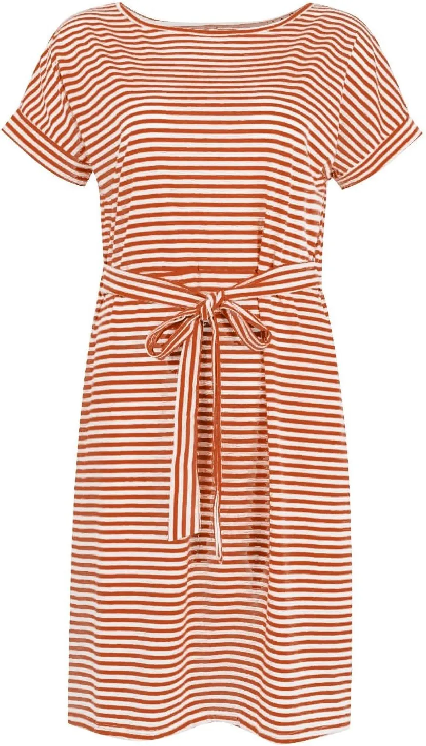 Women's Casual Dresses Summer Striped T Shirt Mini Dresses Short Sleeve Crewneck Dress Tie Waist Dress with Pockets