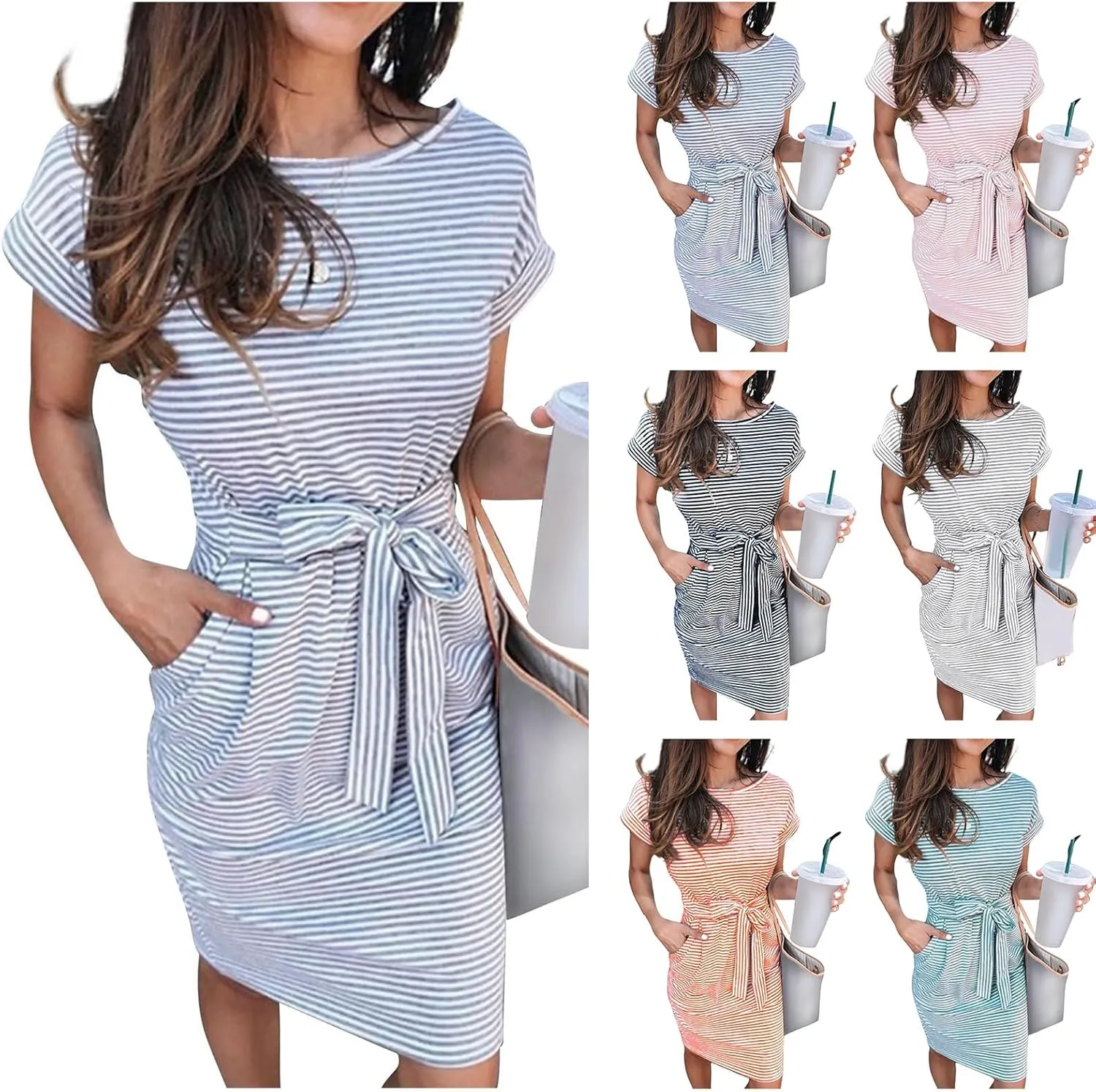 Women's Casual Dresses Summer Striped T Shirt Mini Dresses Short Sleeve Crewneck Dress Tie Waist Dress with Pockets
