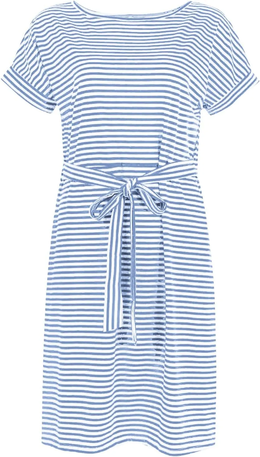 Women's Casual Dresses Summer Striped T Shirt Mini Dresses Short Sleeve Crewneck Dress Tie Waist Dress with Pockets