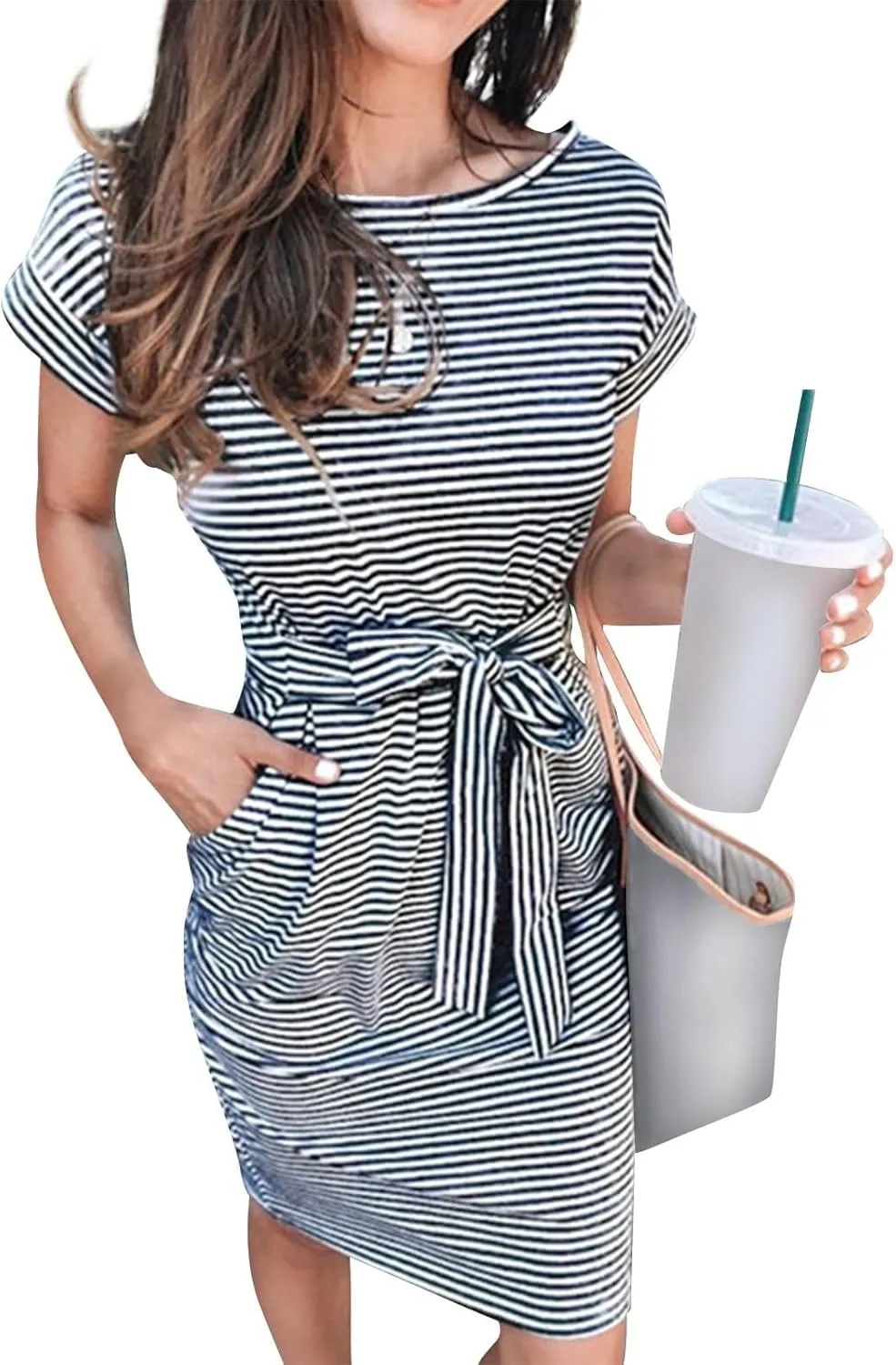Women's Casual Dresses Summer Striped T Shirt Mini Dresses Short Sleeve Crewneck Dress Tie Waist Dress with Pockets
