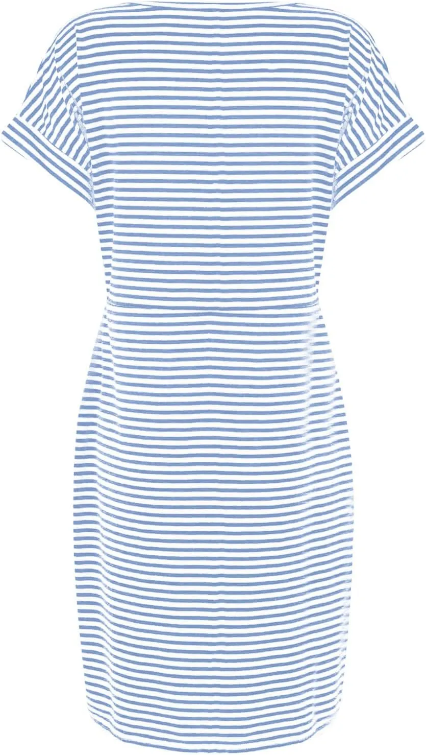 Women's Casual Dresses Summer Striped T Shirt Mini Dresses Short Sleeve Crewneck Dress Tie Waist Dress with Pockets