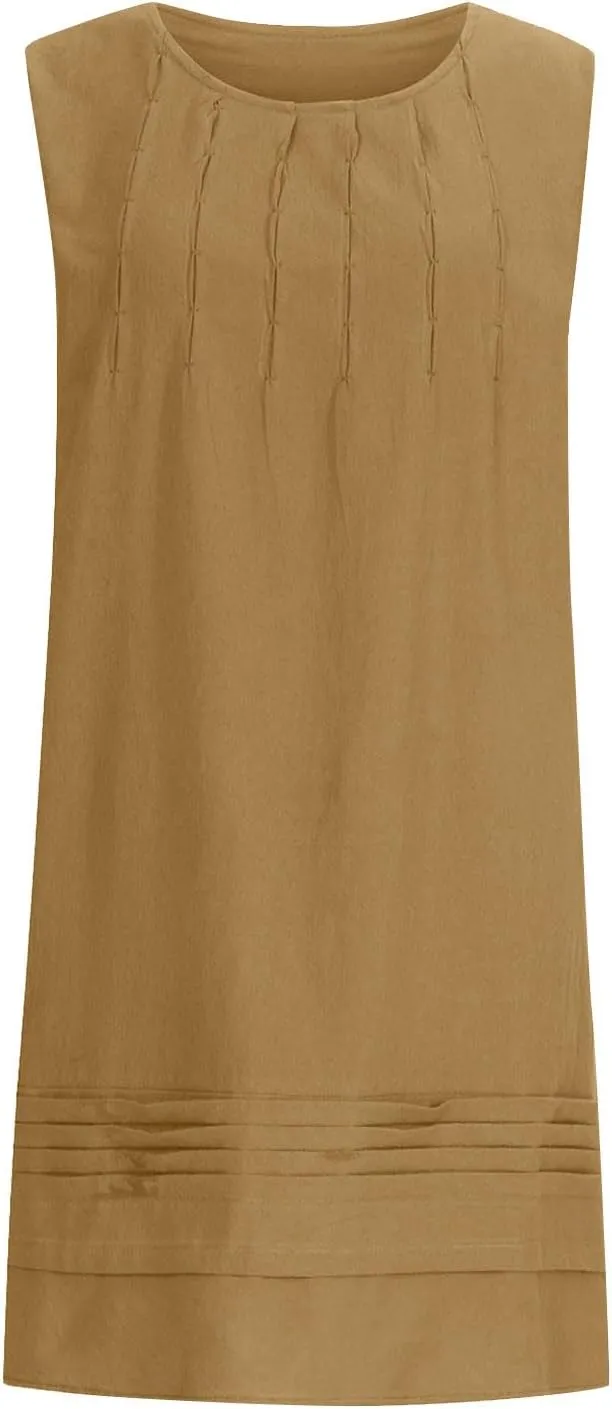 Womens Cotton Linen Casual Dresses Summer Sleeveless Crewneck Pleated Midi Dress 2025 Trendy Loose Beach Sundress