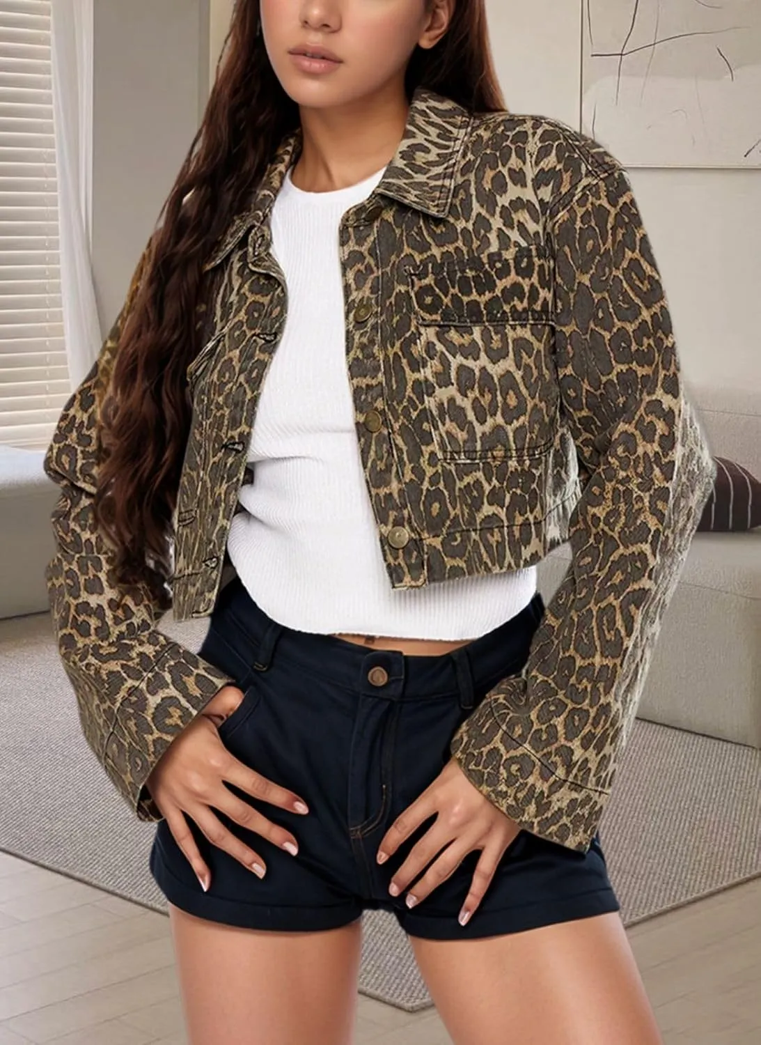 Women's Denim Jackets Cropped Jean Jacket Long Sleeve Casual Button Down Crop Jean Jacket
