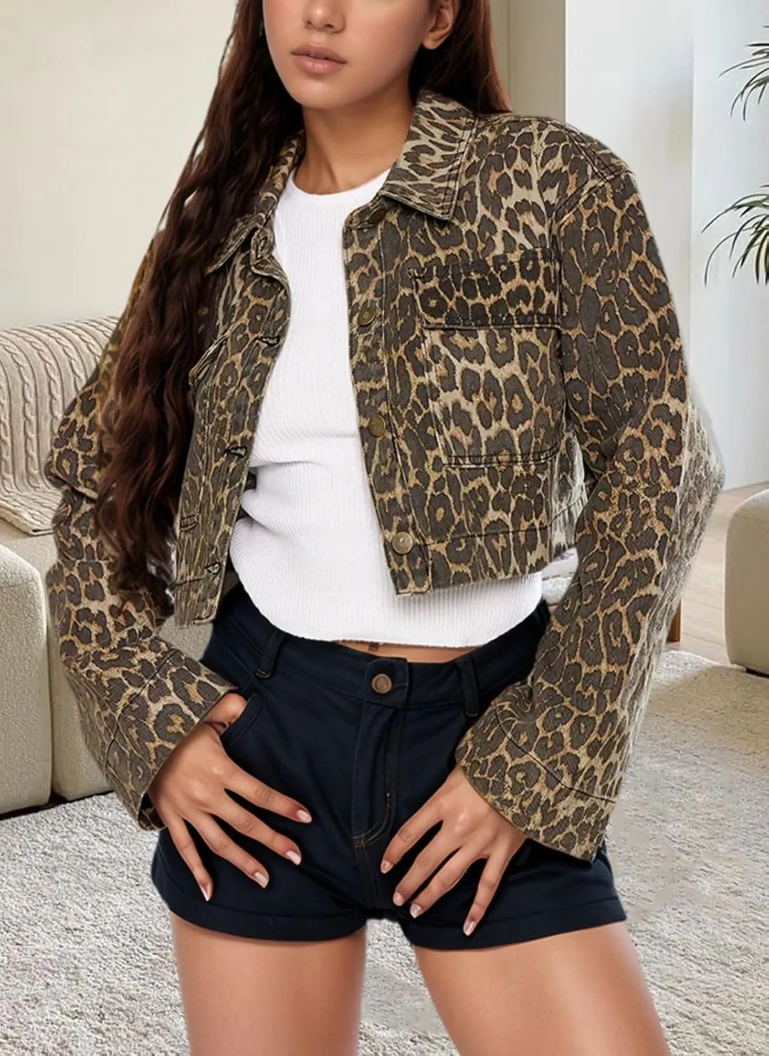 Women's Denim Jackets Cropped Jean Jacket Long Sleeve Casual Button Down Crop Jean Jacket