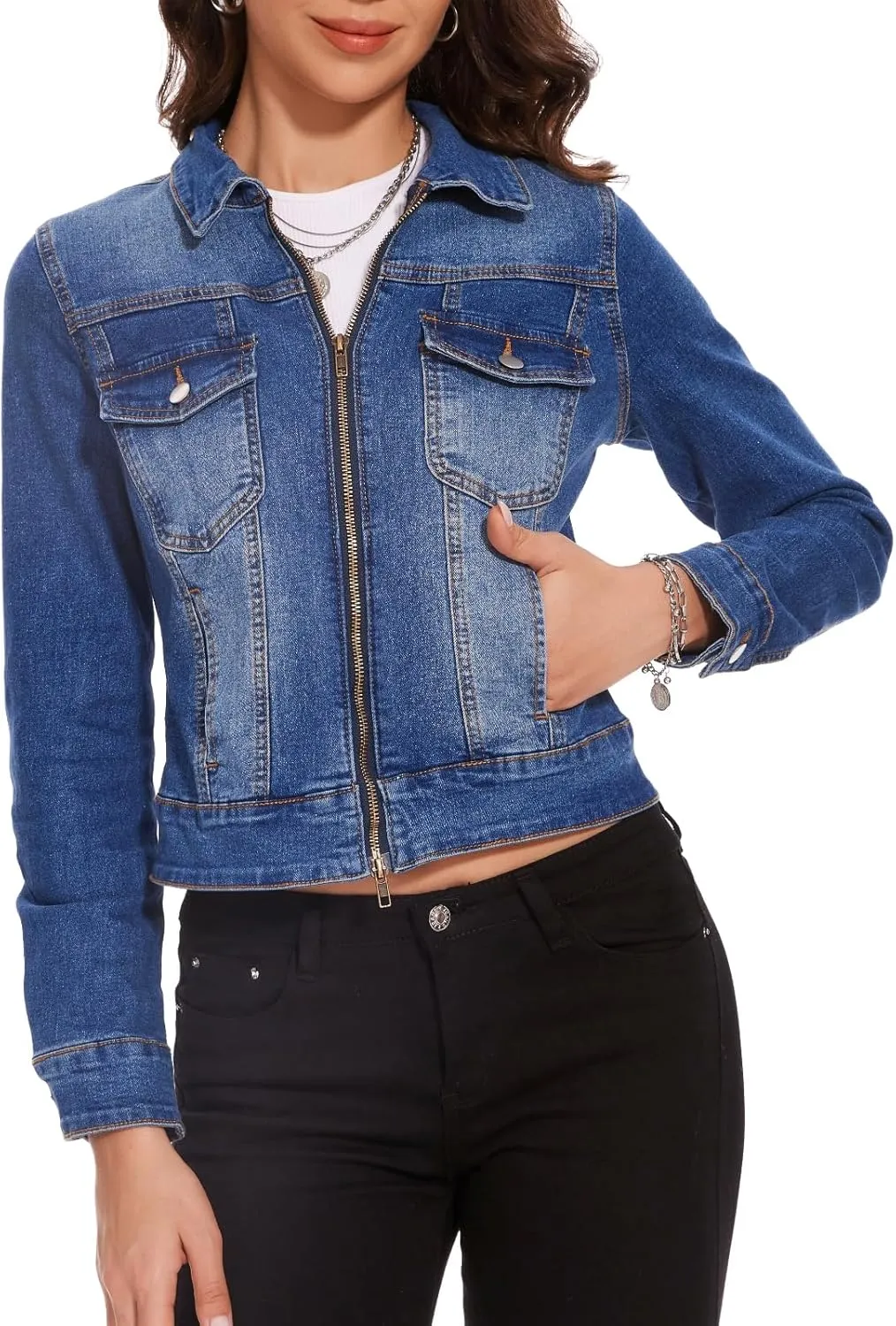 Women's Denim Jackets Zip Up Long Sleeve Basic Trendy Trucker Jackets