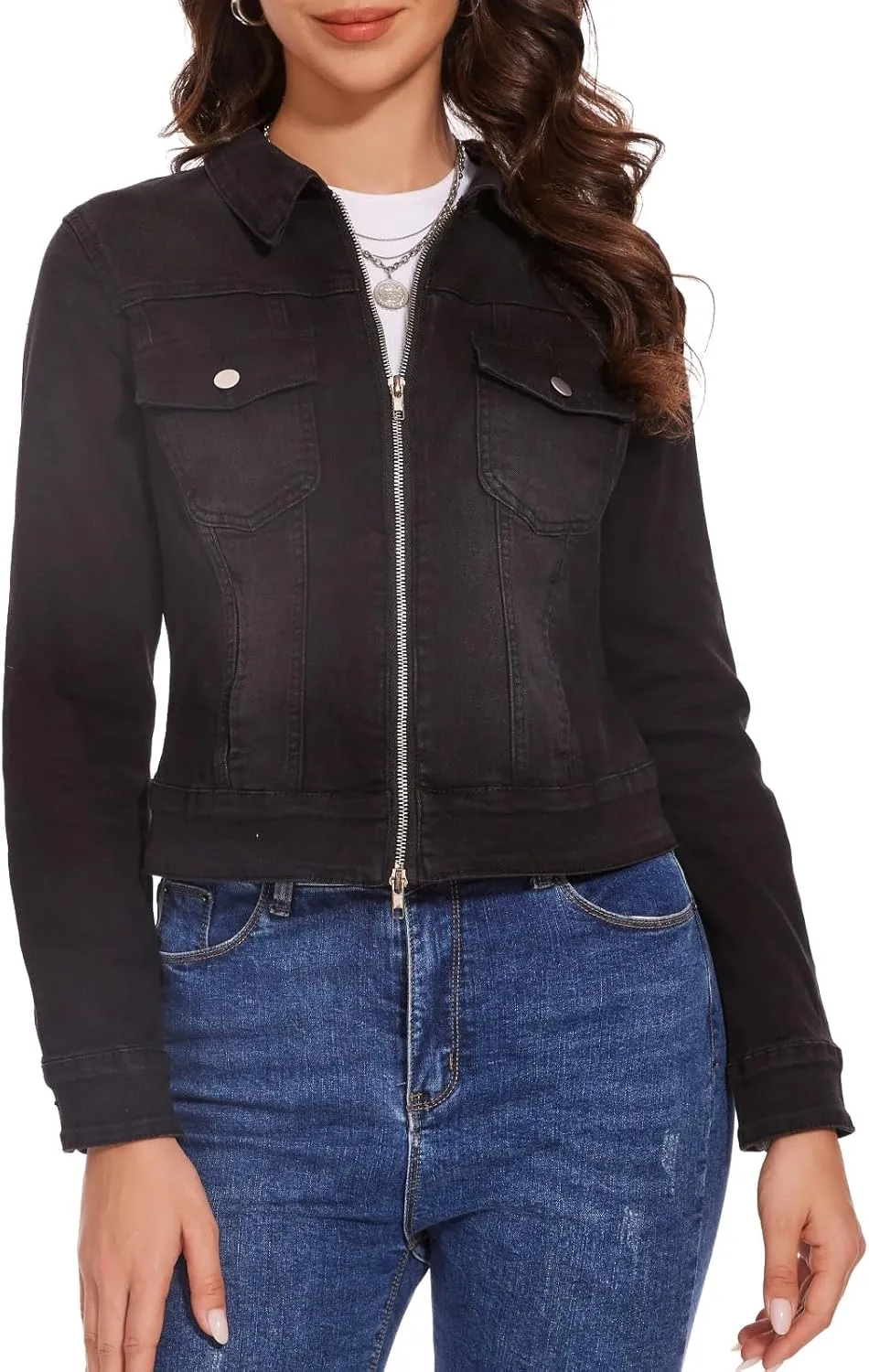 Women's Denim Jackets Zip Up Long Sleeve Basic Trendy Trucker Jackets