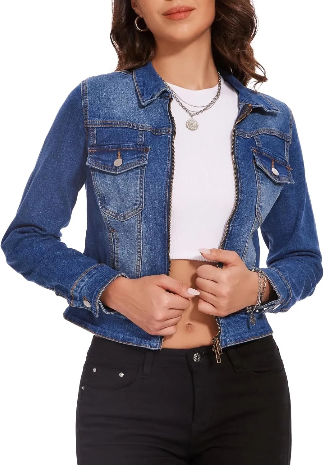 Women's Denim Jackets Zip Up Long Sleeve Basic Trendy Trucker Jackets