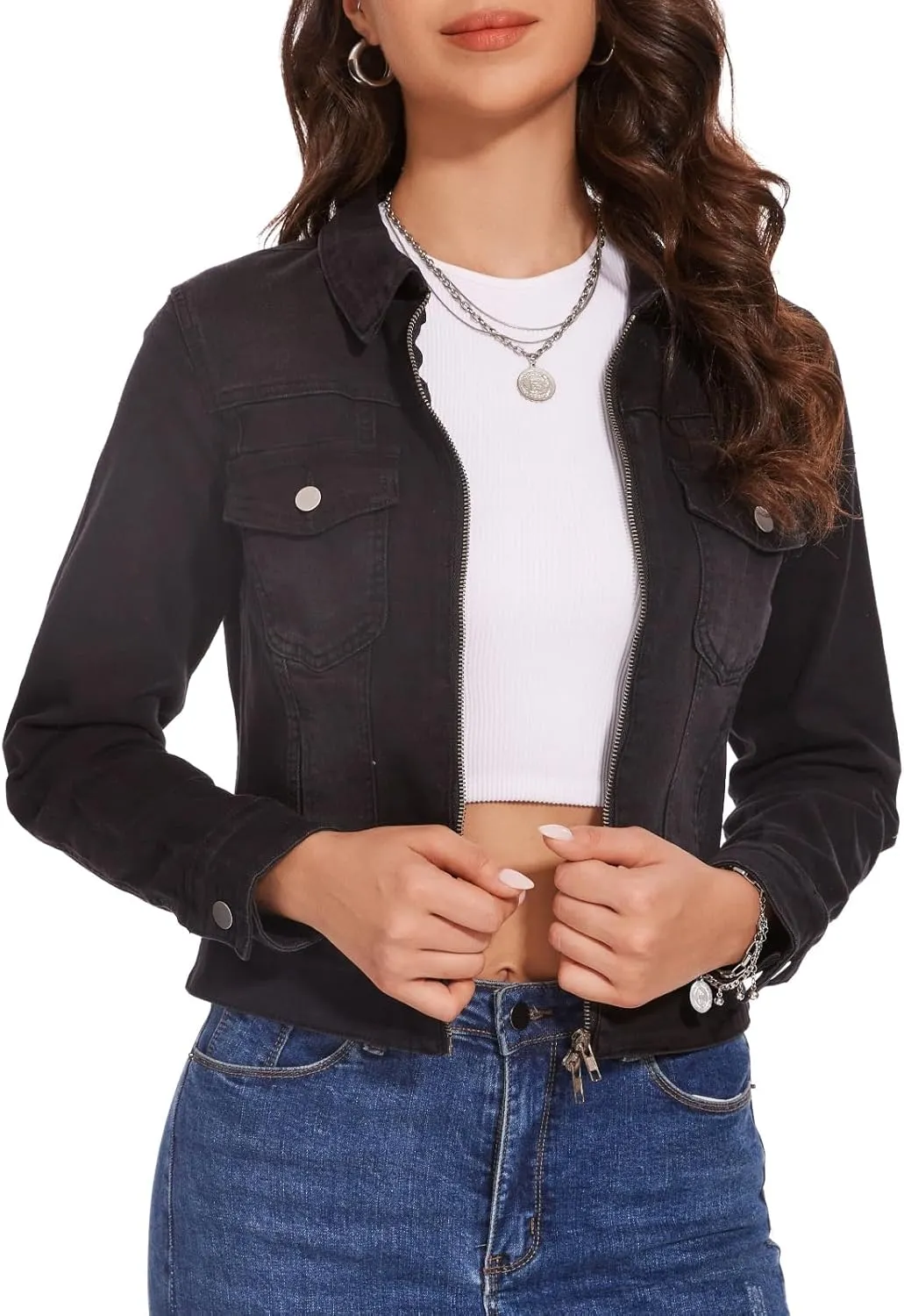 Women's Denim Jackets Zip Up Long Sleeve Basic Trendy Trucker Jackets