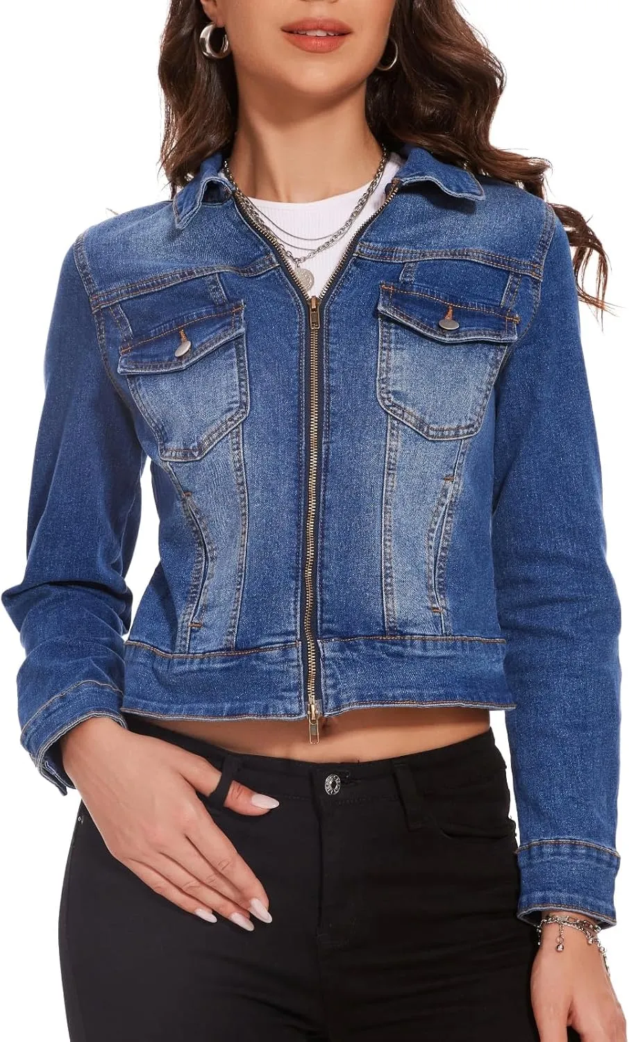 Women's Denim Jackets Zip Up Long Sleeve Basic Trendy Trucker Jackets