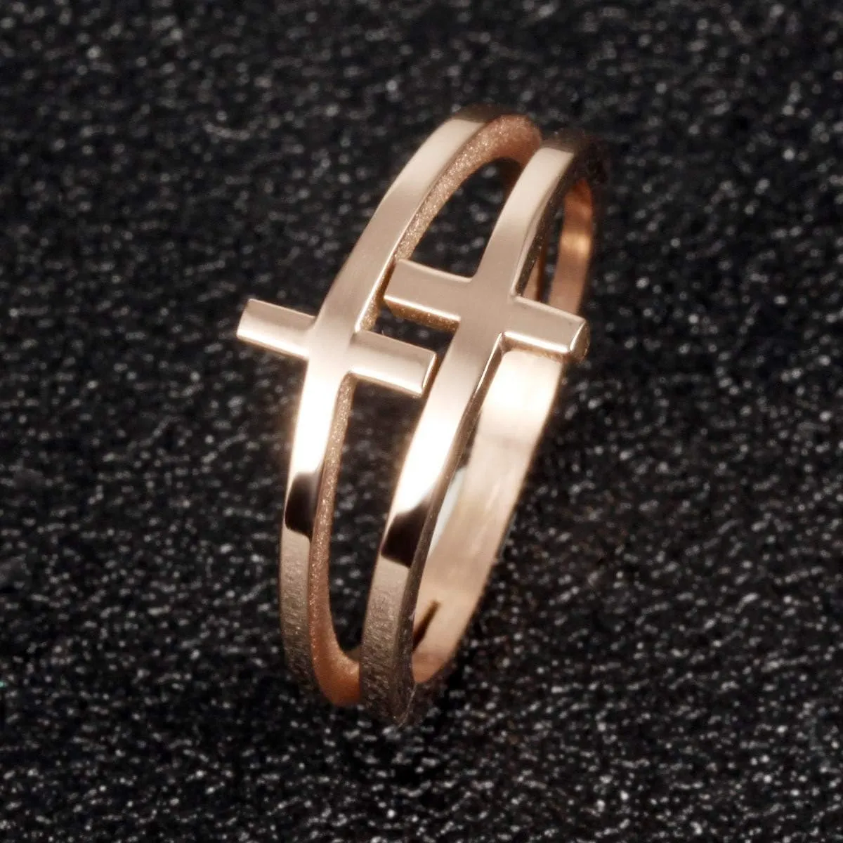 Womens Elegant 18K Rose Gold Stainless Steel Double Cross Ring Christian Fashion Wedding Engagement Band
