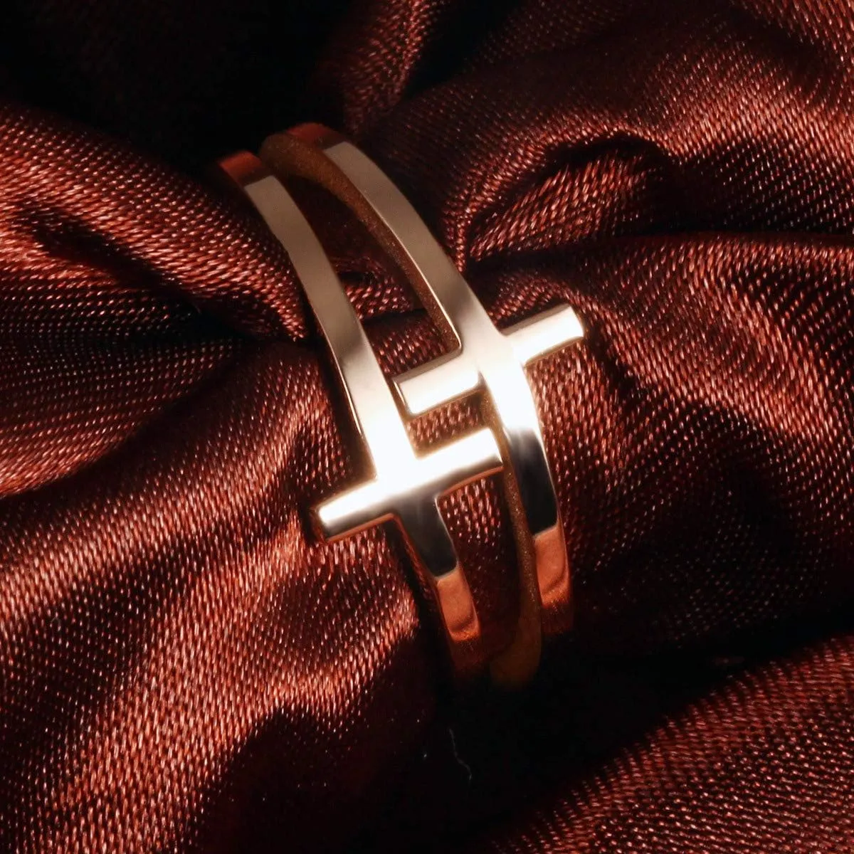Womens Elegant 18K Rose Gold Stainless Steel Double Cross Ring Christian Fashion Wedding Engagement Band