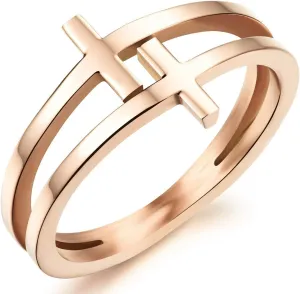 Womens Elegant 18K Rose Gold Stainless Steel Double Cross Ring Christian Fashion Wedding Engagement Band