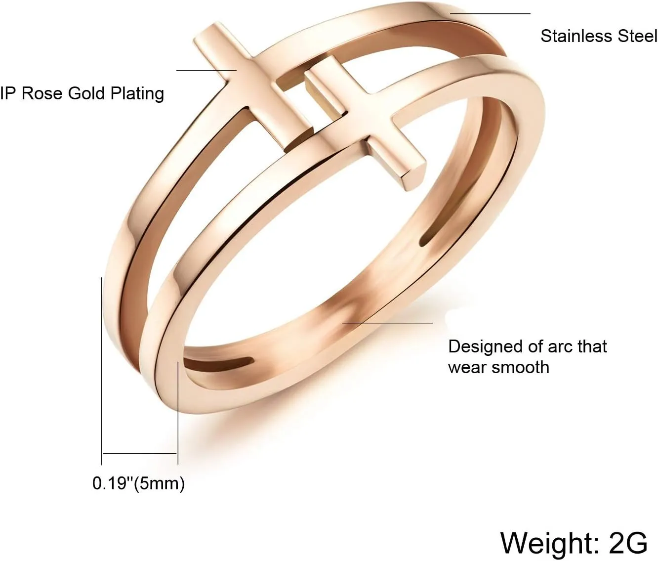 Womens Elegant 18K Rose Gold Stainless Steel Double Cross Ring Christian Fashion Wedding Engagement Band