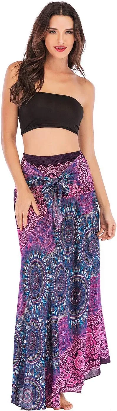 Women's Flowing Bohemian Dress High Waist A-Line Long Skirt Original Two Layer Printed Wrap Around Skirts