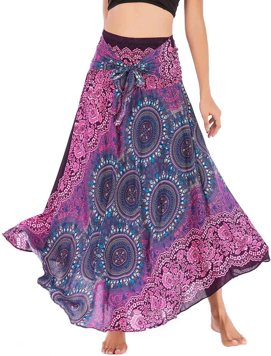 Women's Flowing Bohemian Dress High Waist A-Line Long Skirt Original Two Layer Printed Wrap Around Skirts