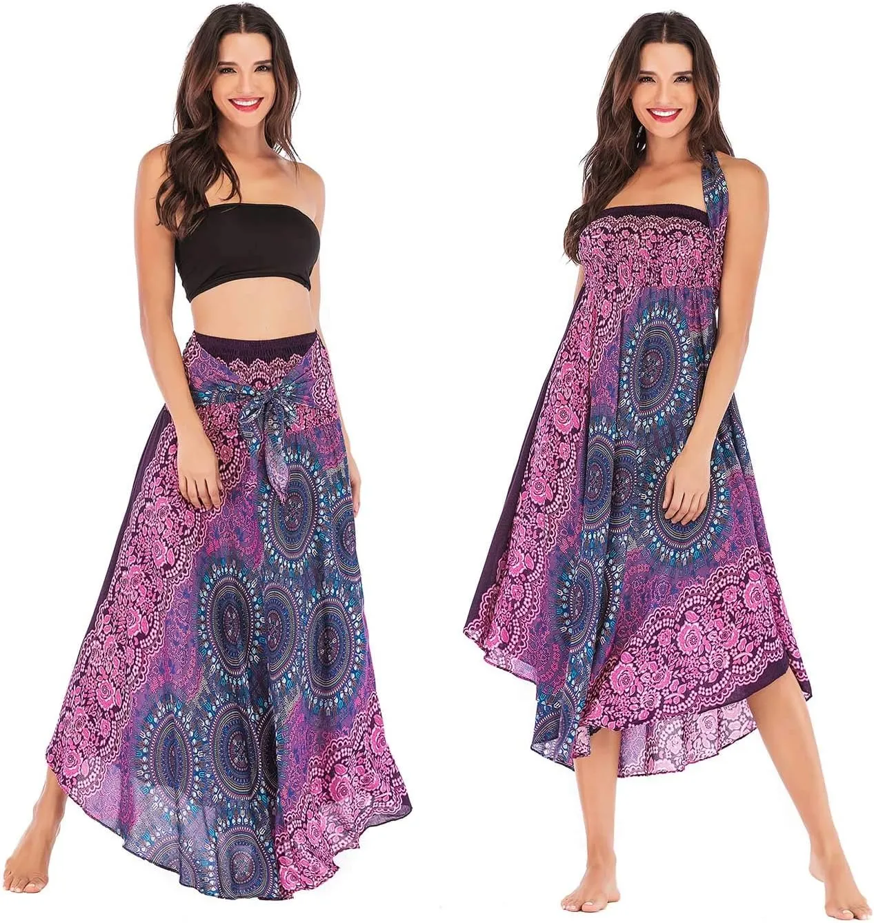 Women's Flowing Bohemian Dress High Waist A-Line Long Skirt Original Two Layer Printed Wrap Around Skirts