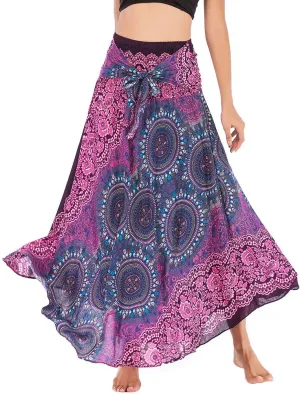 Women's Flowing Bohemian Dress High Waist A-Line Long Skirt Original Two Layer Printed Wrap Around Skirts