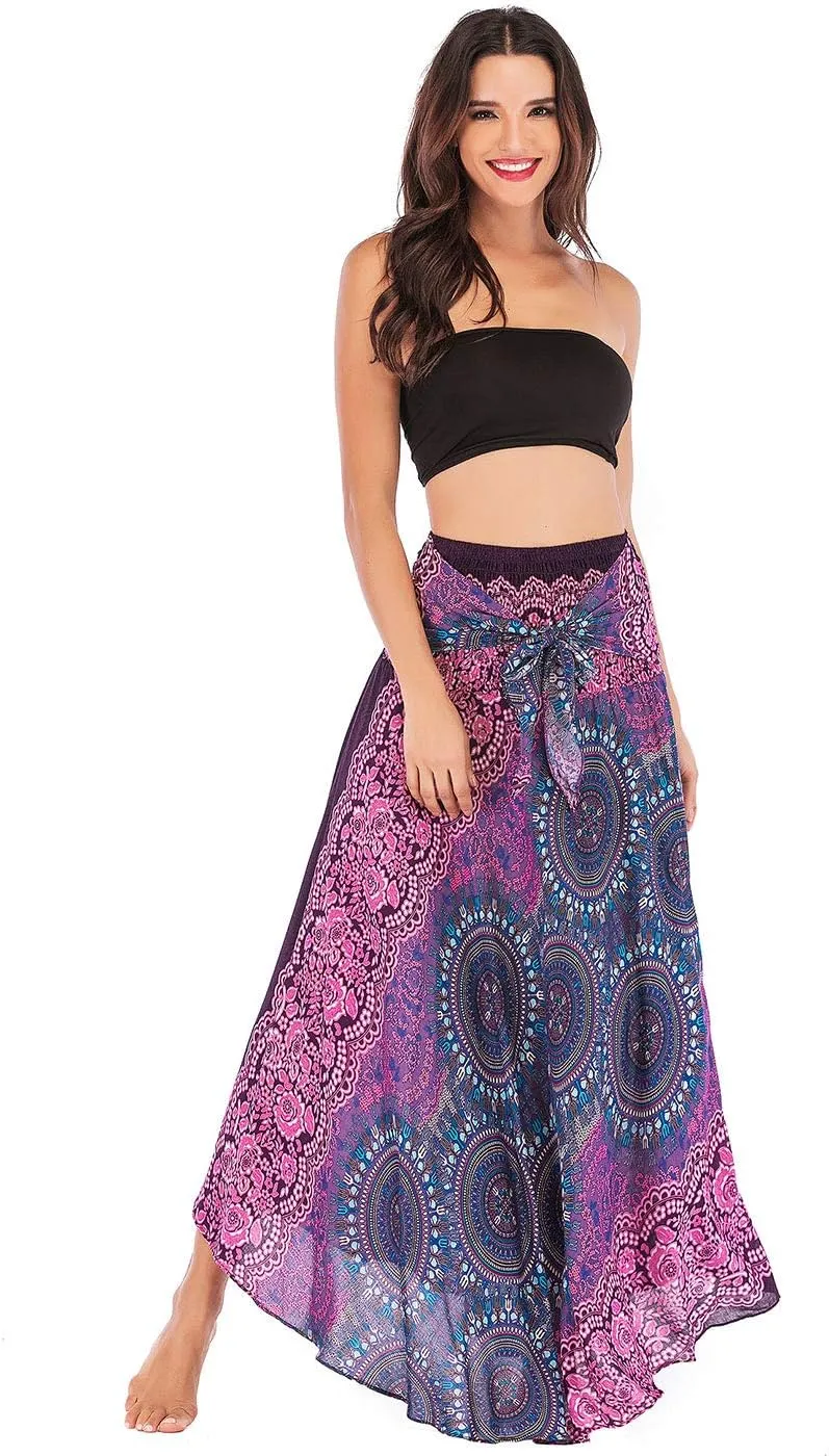 Women's Flowing Bohemian Dress High Waist A-Line Long Skirt Original Two Layer Printed Wrap Around Skirts