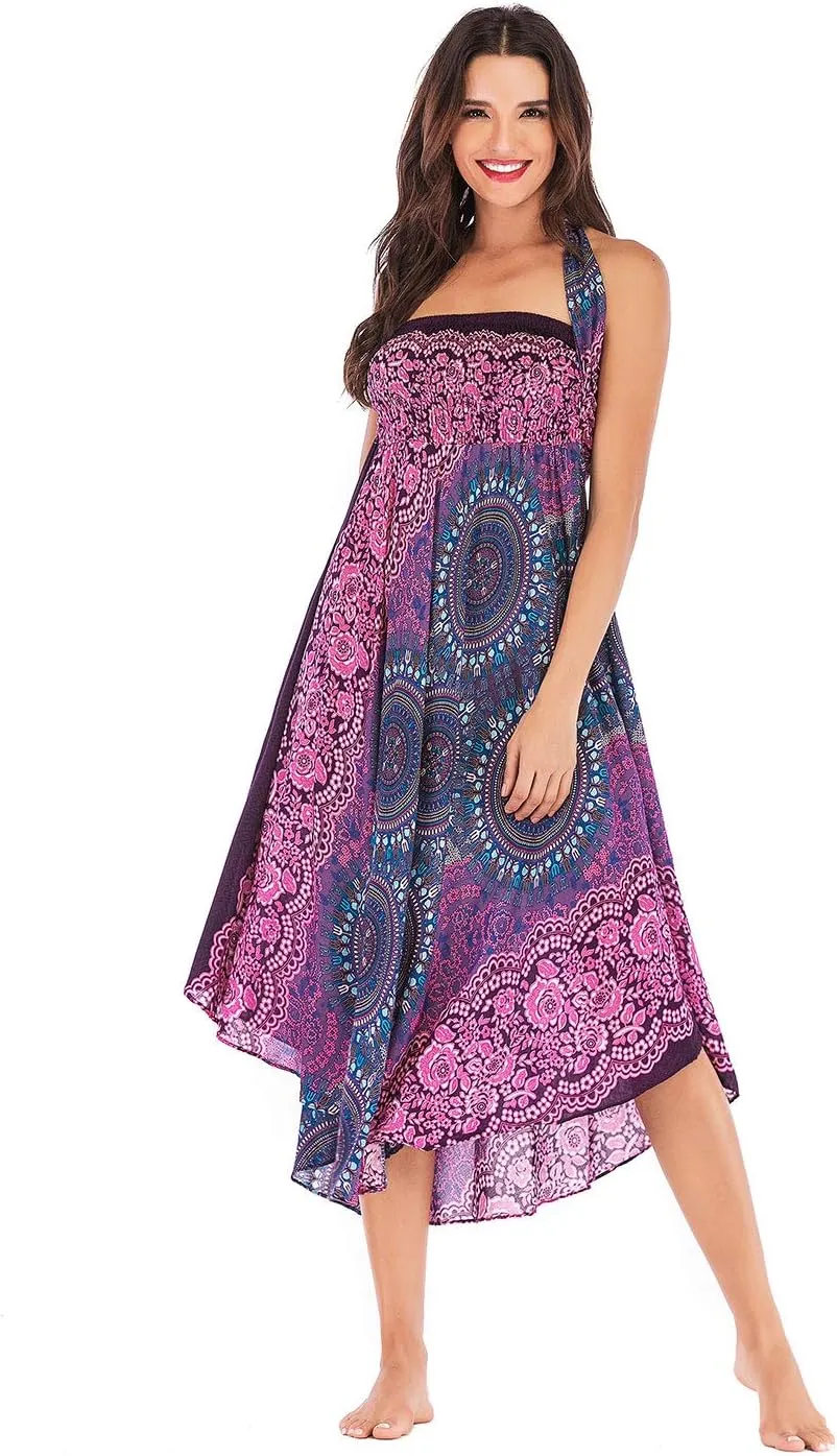 Women's Flowing Bohemian Dress High Waist A-Line Long Skirt Original Two Layer Printed Wrap Around Skirts