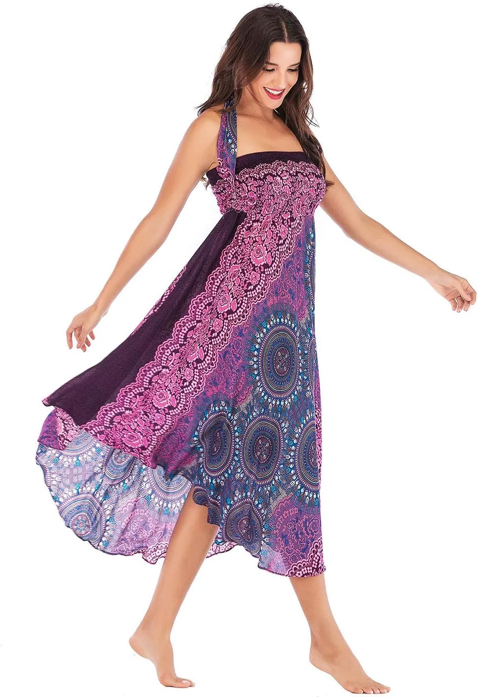 Women's Flowing Bohemian Dress High Waist A-Line Long Skirt Original Two Layer Printed Wrap Around Skirts