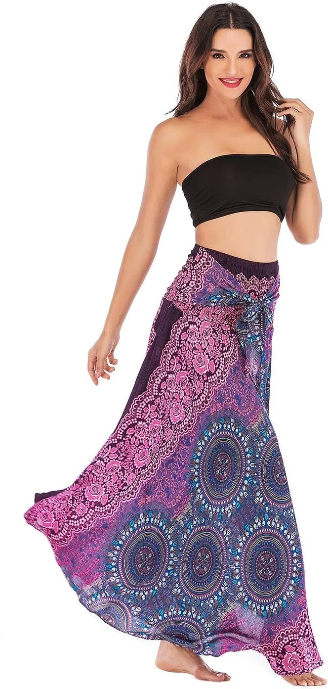 Women's Flowing Bohemian Dress High Waist A-Line Long Skirt Original Two Layer Printed Wrap Around Skirts