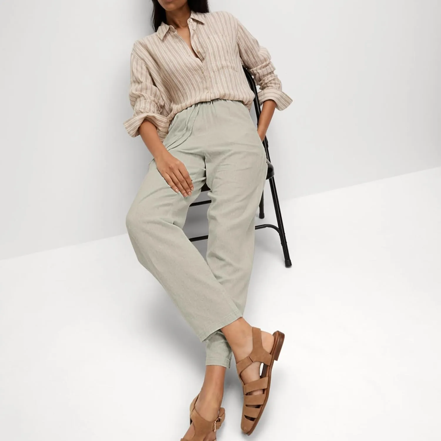 Women's High Waist Ankle Pants, Relaxed Tapered Cropped Trousers with Side Pockets, Fit for Casual Wear