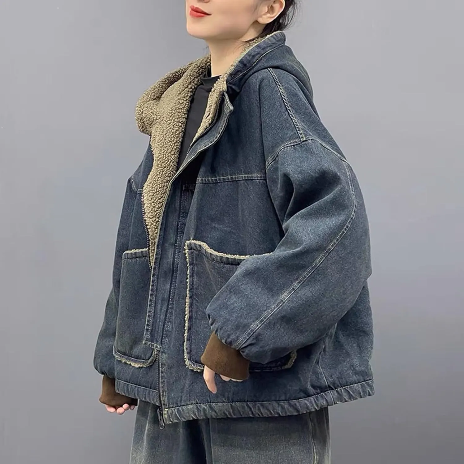 Womens Hooded Denim Jackets Sherpa Fleece Lined Zip Up Oversized Hoodie Jean Coat with Pockets
