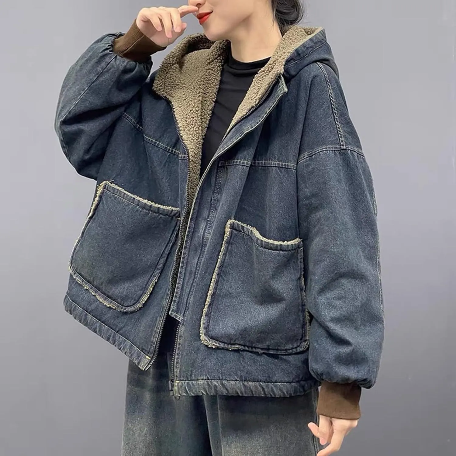 Womens Hooded Denim Jackets Sherpa Fleece Lined Zip Up Oversized Hoodie Jean Coat with Pockets
