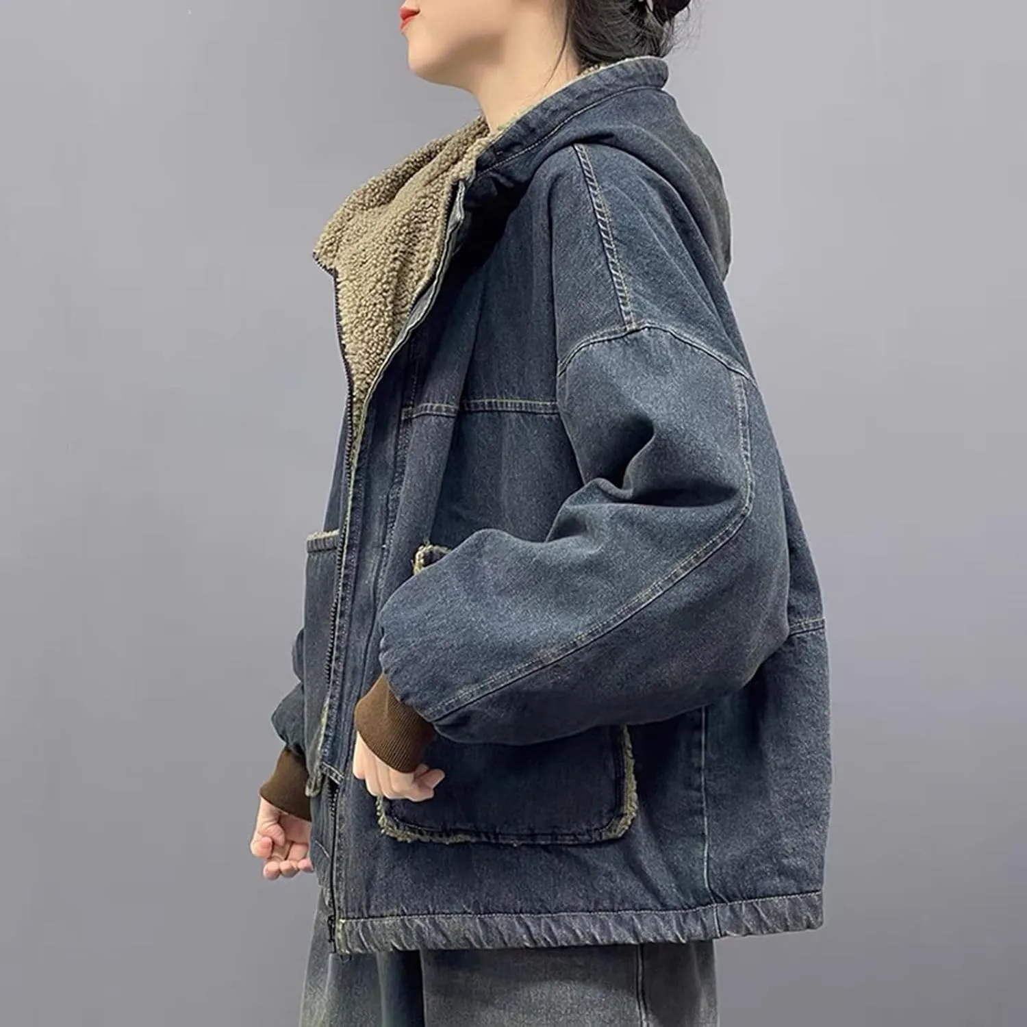 Womens Hooded Denim Jackets Sherpa Fleece Lined Zip Up Oversized Hoodie Jean Coat with Pockets