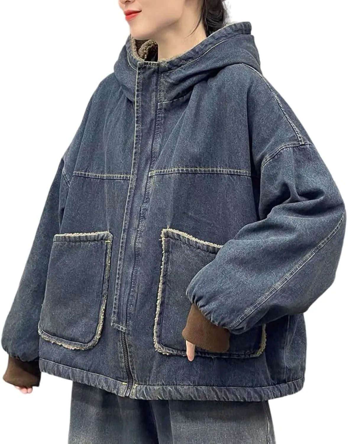 Womens Hooded Denim Jackets Sherpa Fleece Lined Zip Up Oversized Hoodie Jean Coat with Pockets