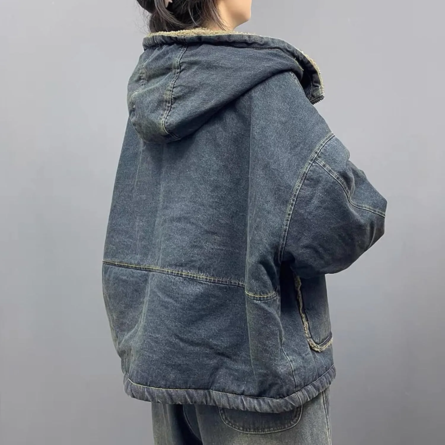 Womens Hooded Denim Jackets Sherpa Fleece Lined Zip Up Oversized Hoodie Jean Coat with Pockets
