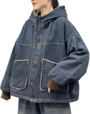 Womens Hooded Denim Jackets Sherpa Fleece Lined Zip Up Oversized Hoodie Jean Coat with Pockets