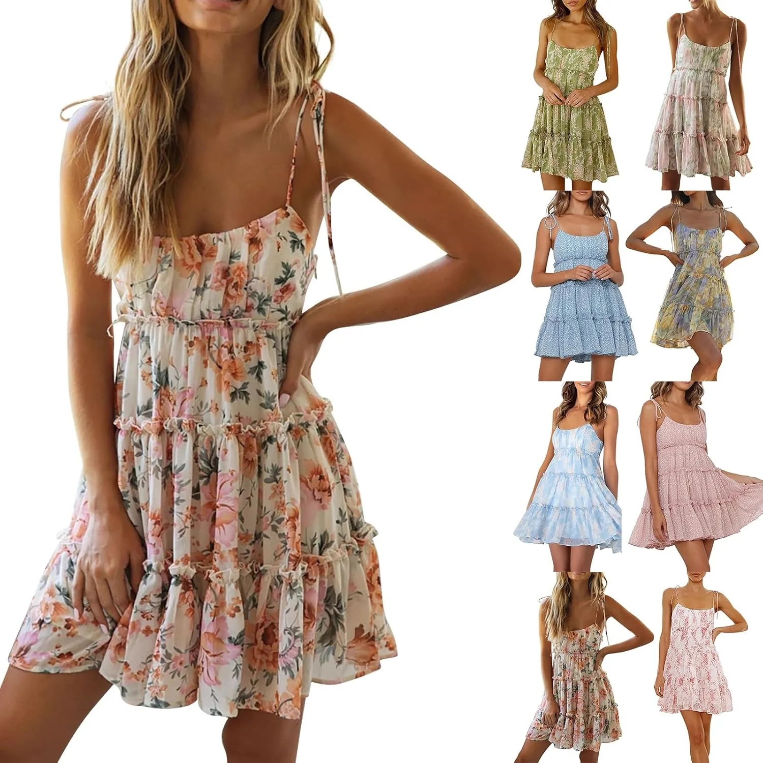 Womens Hot Shot Mini Dress Summer Spaghetti Strap Skater Dress Sexy Sleeveless Ruffle Flowy Swing Tiered Floral Dress