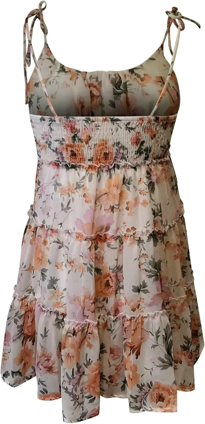 Womens Hot Shot Mini Dress Summer Spaghetti Strap Skater Dress Sexy Sleeveless Ruffle Flowy Swing Tiered Floral Dress