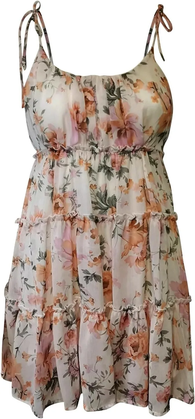 Womens Hot Shot Mini Dress Summer Spaghetti Strap Skater Dress Sexy Sleeveless Ruffle Flowy Swing Tiered Floral Dress