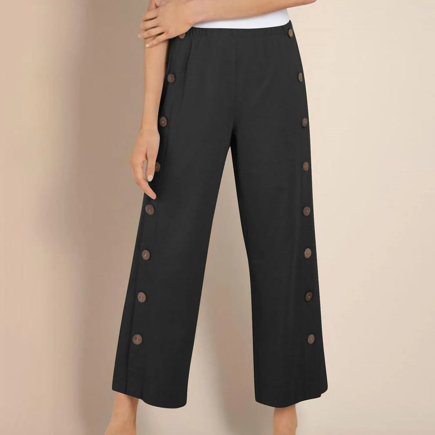 Women's Linen Capris Pant Casual Side Button Linen Beach Pants Women Elastic Waisted Straight Cropped Trousers Pockets