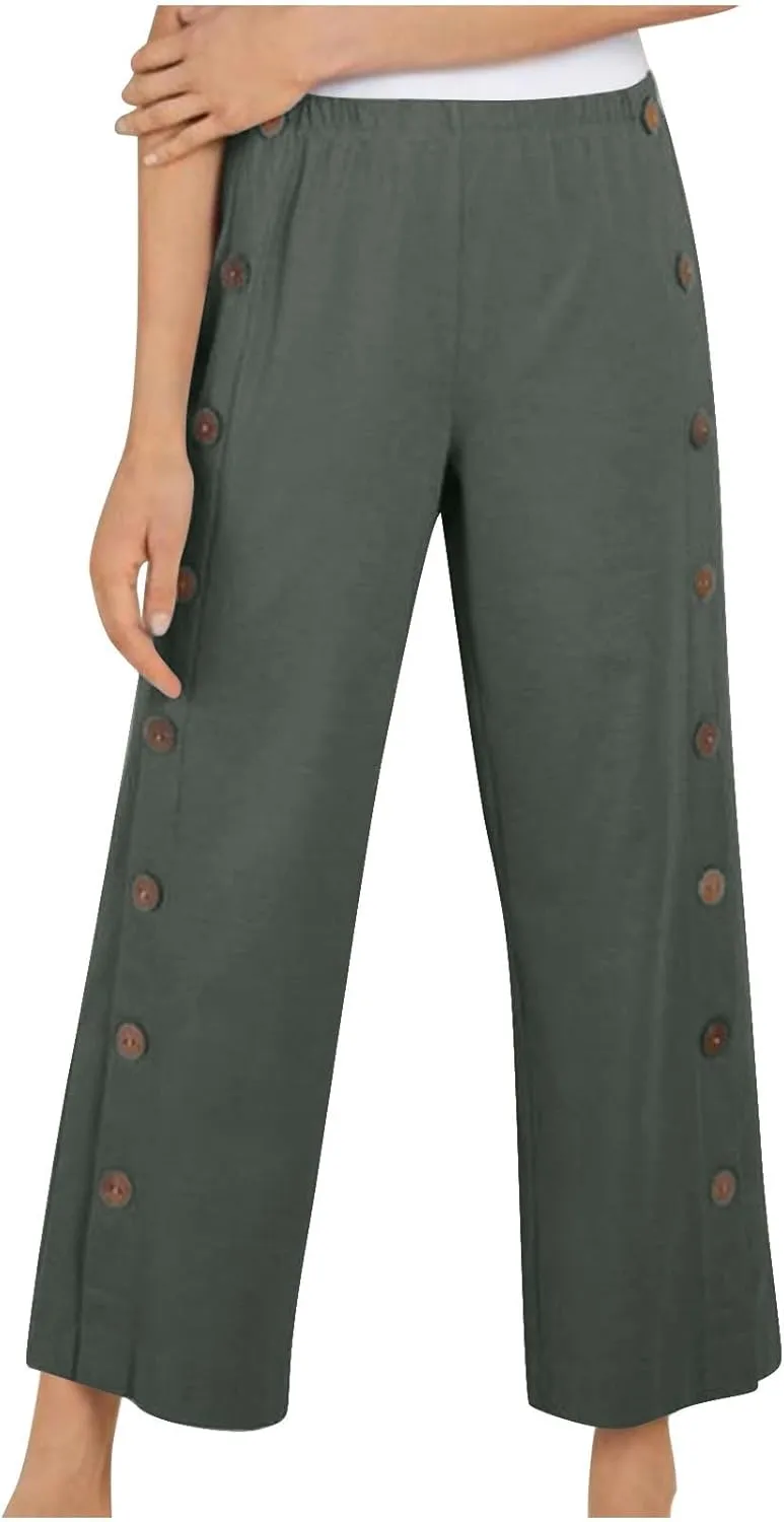 Women's Linen Capris Pant Casual Side Button Linen Beach Pants Women Elastic Waisted Straight Cropped Trousers Pockets