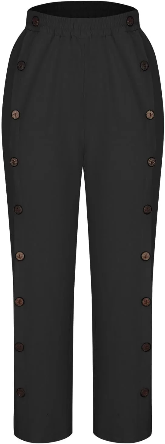 Women's Linen Capris Pant Casual Side Button Linen Beach Pants Women Elastic Waisted Straight Cropped Trousers Pockets