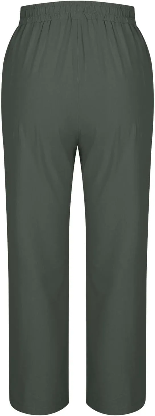 Women's Linen Capris Pant Casual Side Button Linen Beach Pants Women Elastic Waisted Straight Cropped Trousers Pockets
