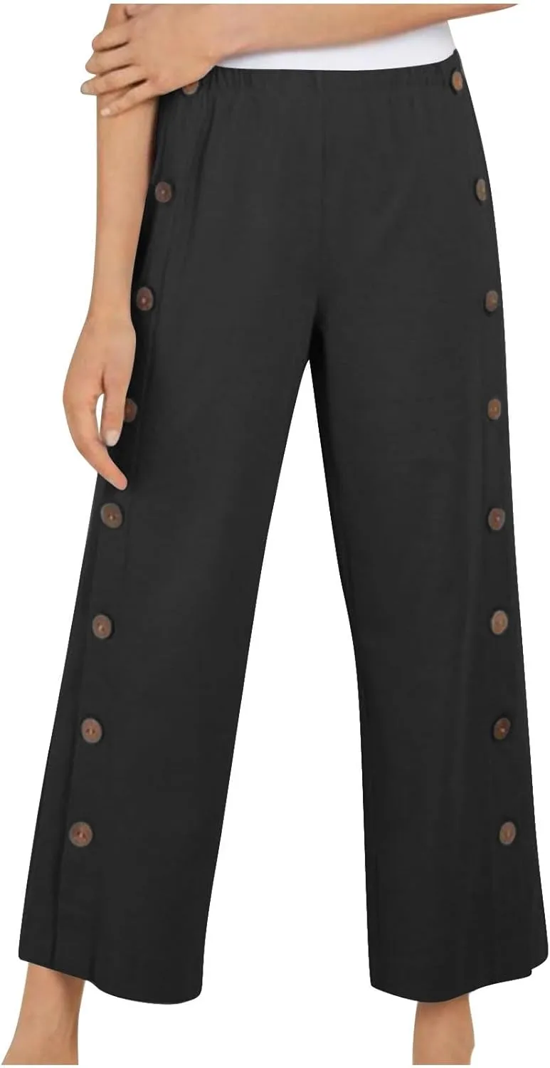 Women's Linen Capris Pant Casual Side Button Linen Beach Pants Women Elastic Waisted Straight Cropped Trousers Pockets