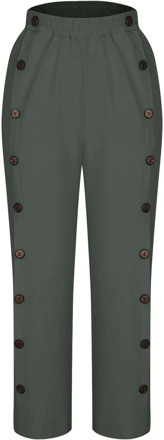 Women's Linen Capris Pant Casual Side Button Linen Beach Pants Women Elastic Waisted Straight Cropped Trousers Pockets