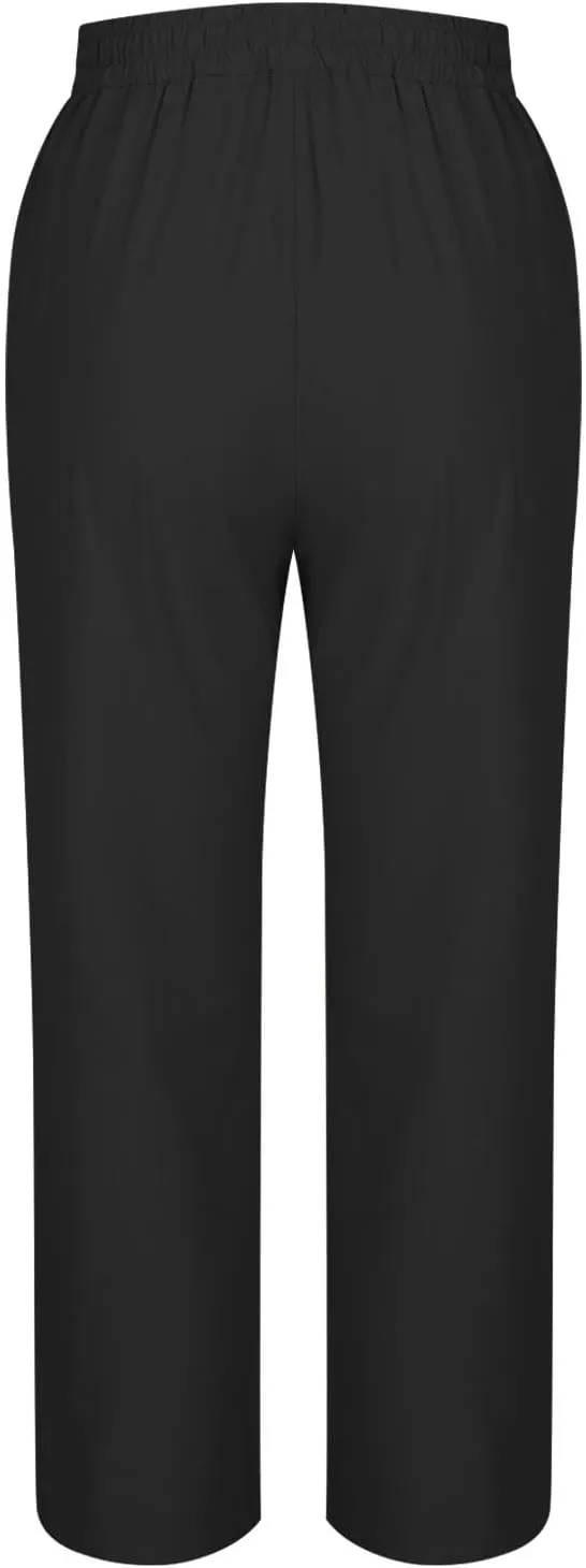 Women's Linen Capris Pant Casual Side Button Linen Beach Pants Women Elastic Waisted Straight Cropped Trousers Pockets