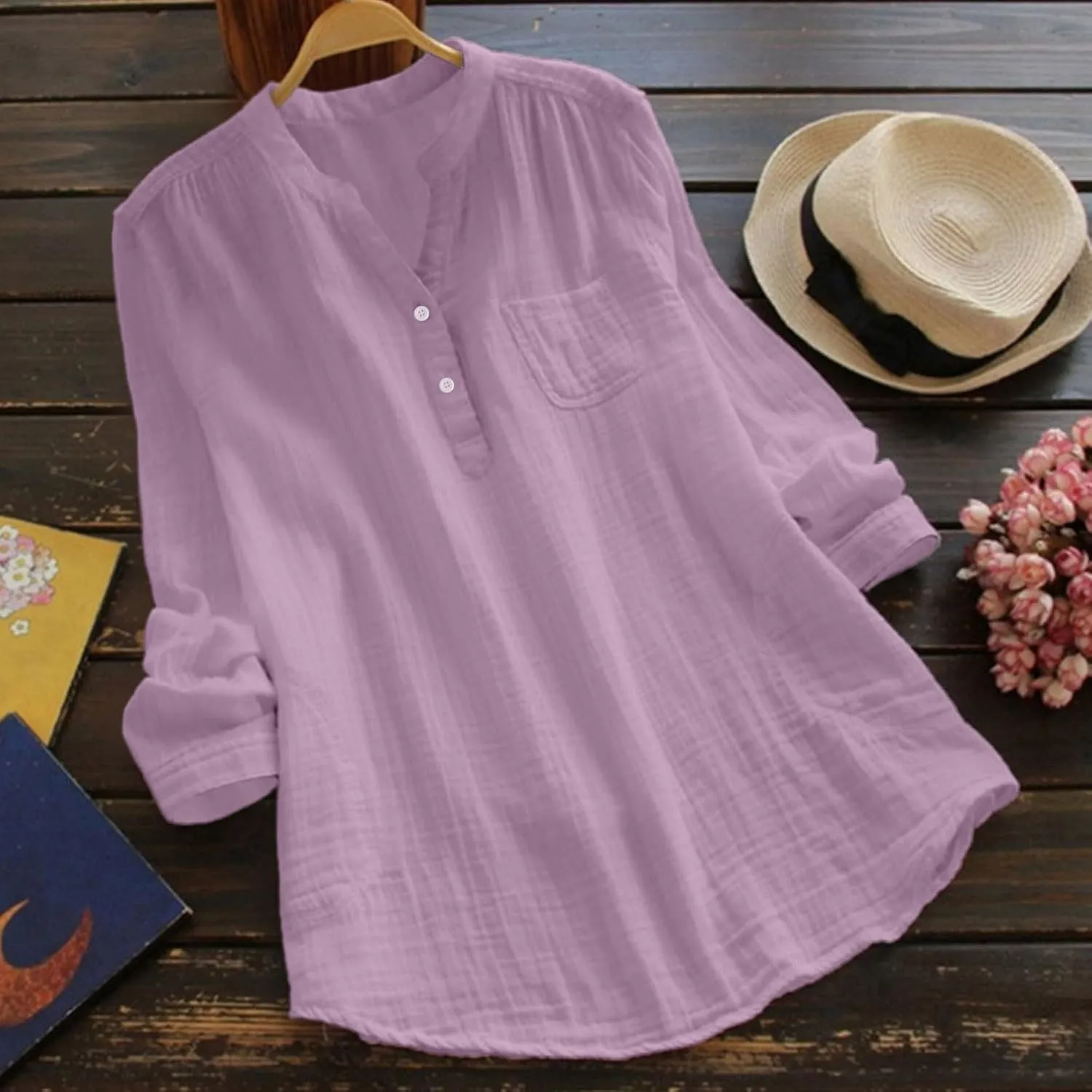 Womens Long Sleeve Button Down Cotton Linen Shirt Blouse Loose Fit Casual V-Neck Tops Breathable Lightweight Shirts